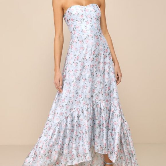 Lulus Gorgeous Desire Light Blue Floral Strapless High-low Maxi Dress - Size L - Picture 1 of 1